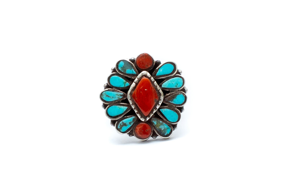 Afghani Flower Ring - Turquoise & Coral